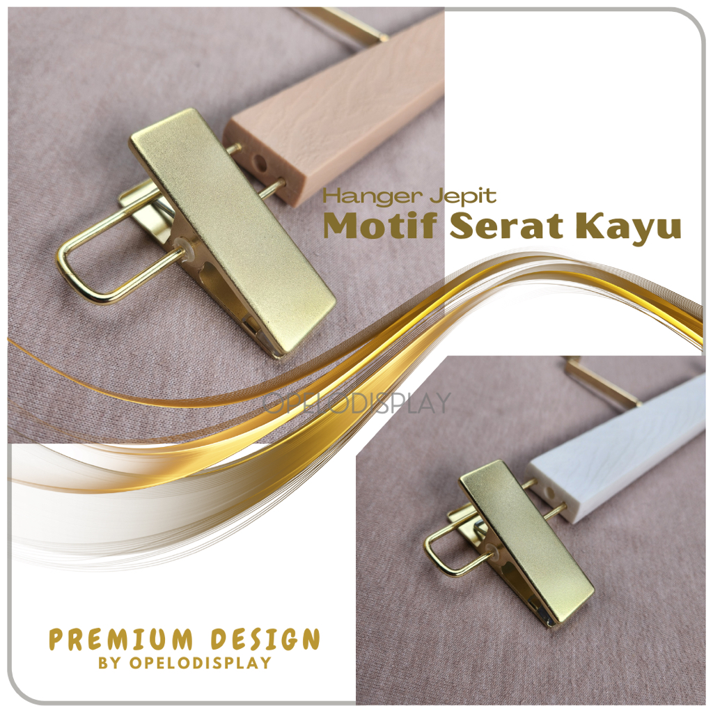 Hanger Jepit Plastik Premium Motif Serat Kayu Gold Hook Gepeng