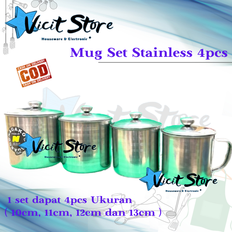 Mug Set Stainless 4pcs / Mug Set Kopi Harga Untuk 4pcs ( 10cm,11cm,12cm,13cm )