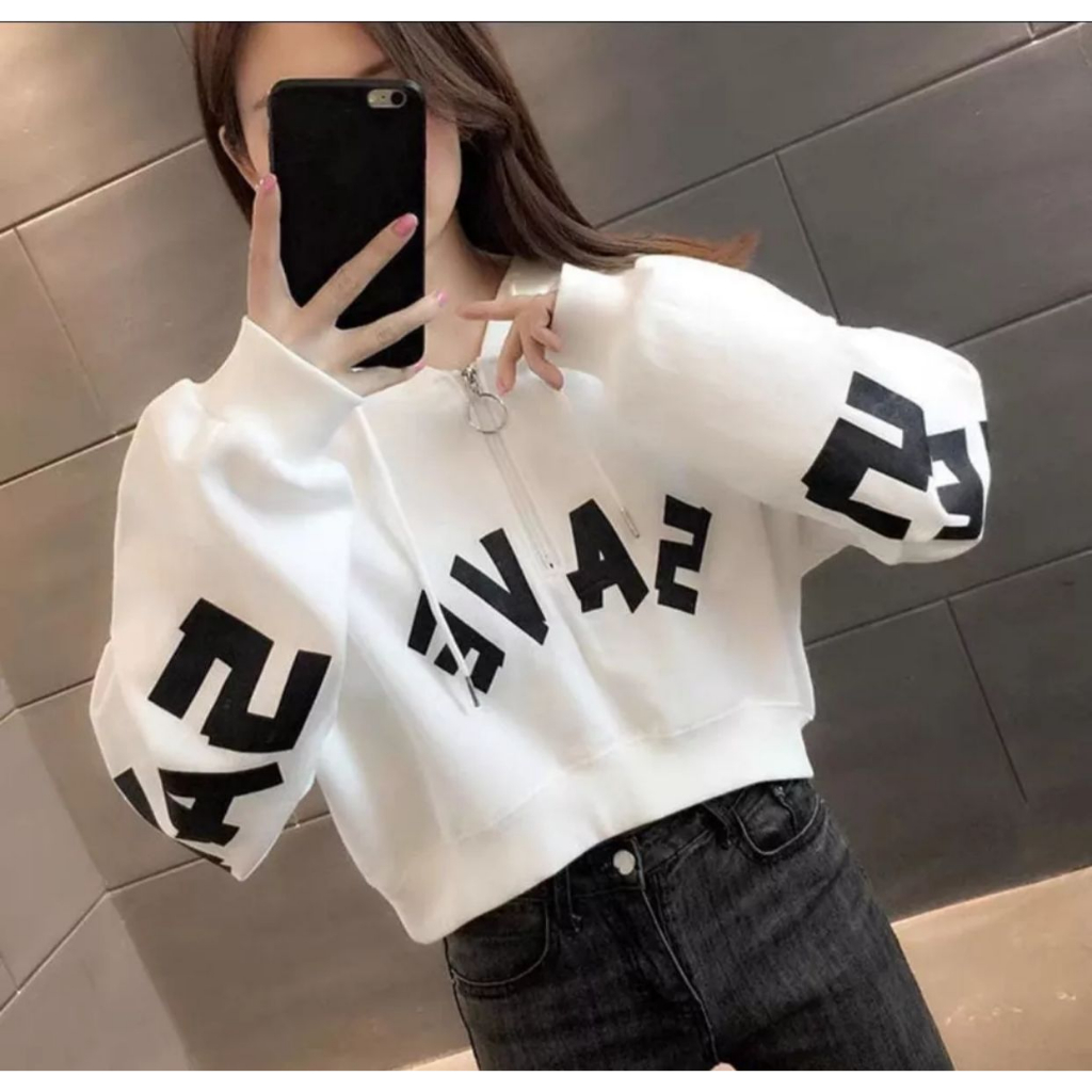 SWEATER CROOPE TOP WANITA  | SAVE CROP HODIE ZIPPER RING KOREAN