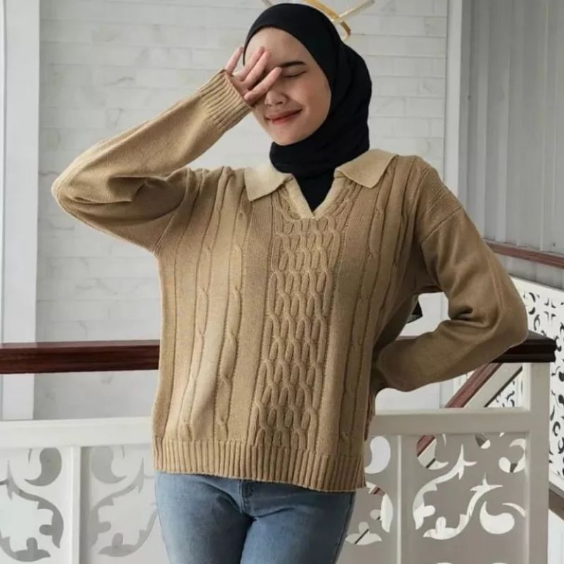 SWEATER RAJUT PREMIUM COLLAR RANTAI ANYAM | SWEATER RAJUT KERAH PREMIUM | SWEATER RAJUT KNITE