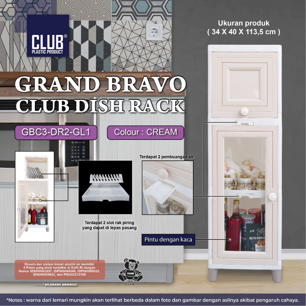 Rak piring plastik CLUB susun 3 GRAND BRAVO CLUB DISH RACK/ rak piring dapur pintu kaca minimalis