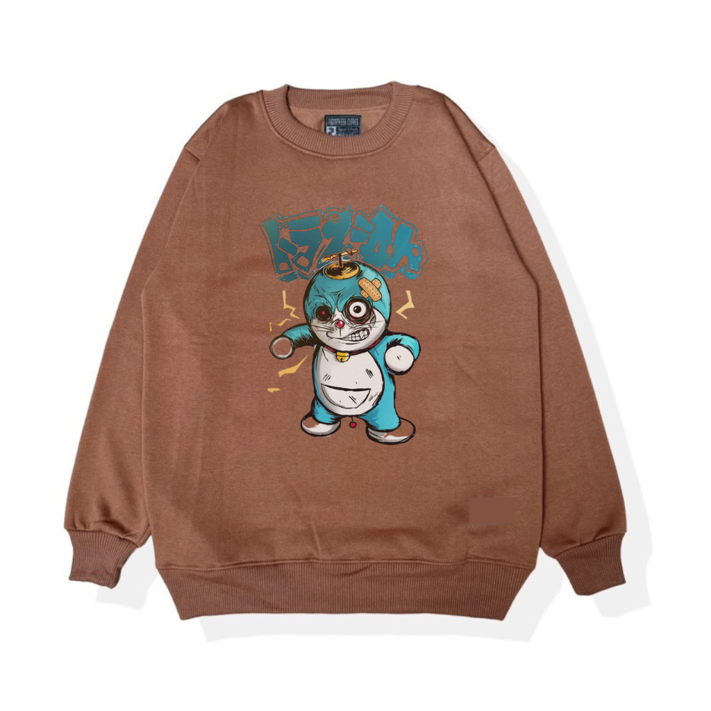 Sweater Doraemon Robot Coklatt | sweater crewneck Sablon hitam bahan flecee tebal | Crewneck Kualitas Distro