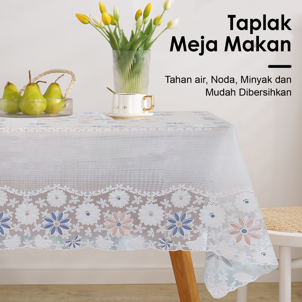 Taplak Meja Makan PVC Premium Tebal Persegi Empat Motif Bunga Size 140x140cm Perlengkapan Dekorasi Rumah Tangga Import - D42-B - LuckyStar