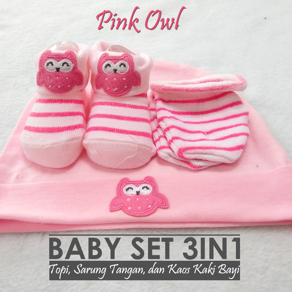 PINK OWL 3in1 Topi Sarung Tangan Kaos Kaki Bayi Hat Sock Mitten Booties  Bayi stk