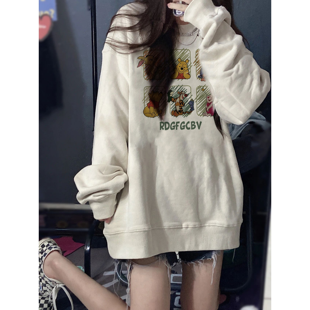 EUNII Sweater Lengan Panjang Cartoon Winnie The Pooh Printing Korean Style/Sweater Crop/Baju Wanita/Switer Wanita/Switer