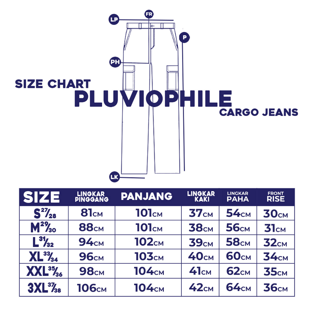 Pluviophile - Long Cargo pants jeans Celana cargo jeans loose fit  Reguler Standard Blue Bleach