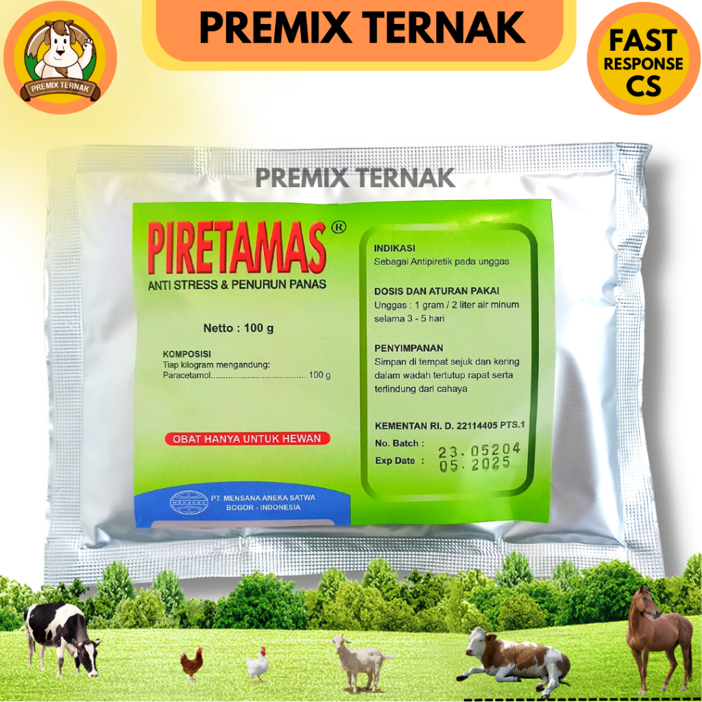 PIRETAMAS 100 gram - Paracetamol Vitamin C Sorbitol Anti Stress Gumboro CRD Infeksi Unggas Ayam