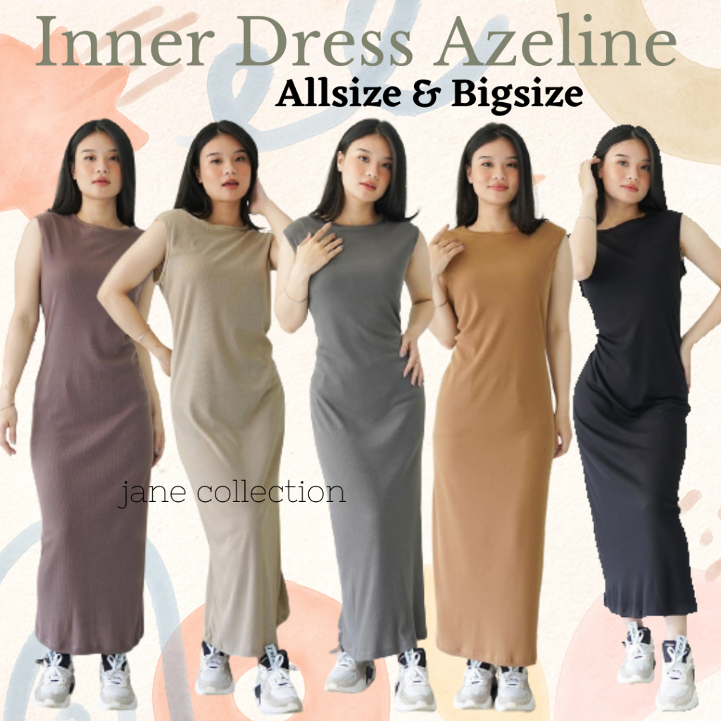 JANE COLLECTION || Long Dress Bodycon Hitam Inner Dress Maxi Panjang Ukuran Bigsize Jumbo M L XL Basic Dalaman Blazer Cardigan Hijab Muslim - Inner Dress Azeline Hitam Choco Krem