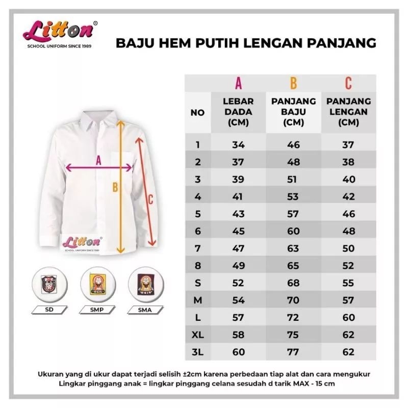 LITTON Seragam Sekolah Lengan Panjang ukuran JUMBO 3L - 7L Polos- SD- SMP- SMA / Atasan Seragam Sekolah