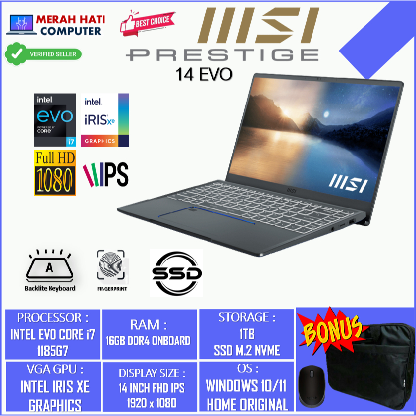 LAPTOP MSI PRESTIGE 14 EVO INTEL I7 1185G7 16GB 1TB SSD IRIS XE 14FHD IPS BL FP WIN10HOME CARBON GREY ORIGINAL BERKUALITAS