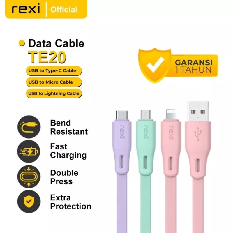 Rexi TE20 Kabel Data Pipih Micro USB, Type-C, Lightning Fast Charging