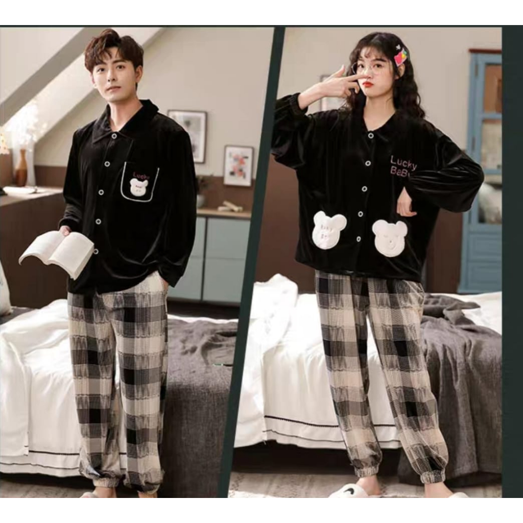 Setelan baju tidur couple bahan brudu premium lengan panjang celana panjang