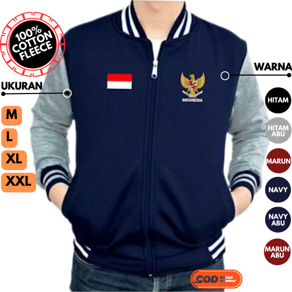 Jaket Baseball Garuda Bendera Merah Putih Pria Wanita Premium Keren 100% Original Cotton Fleece Teba
