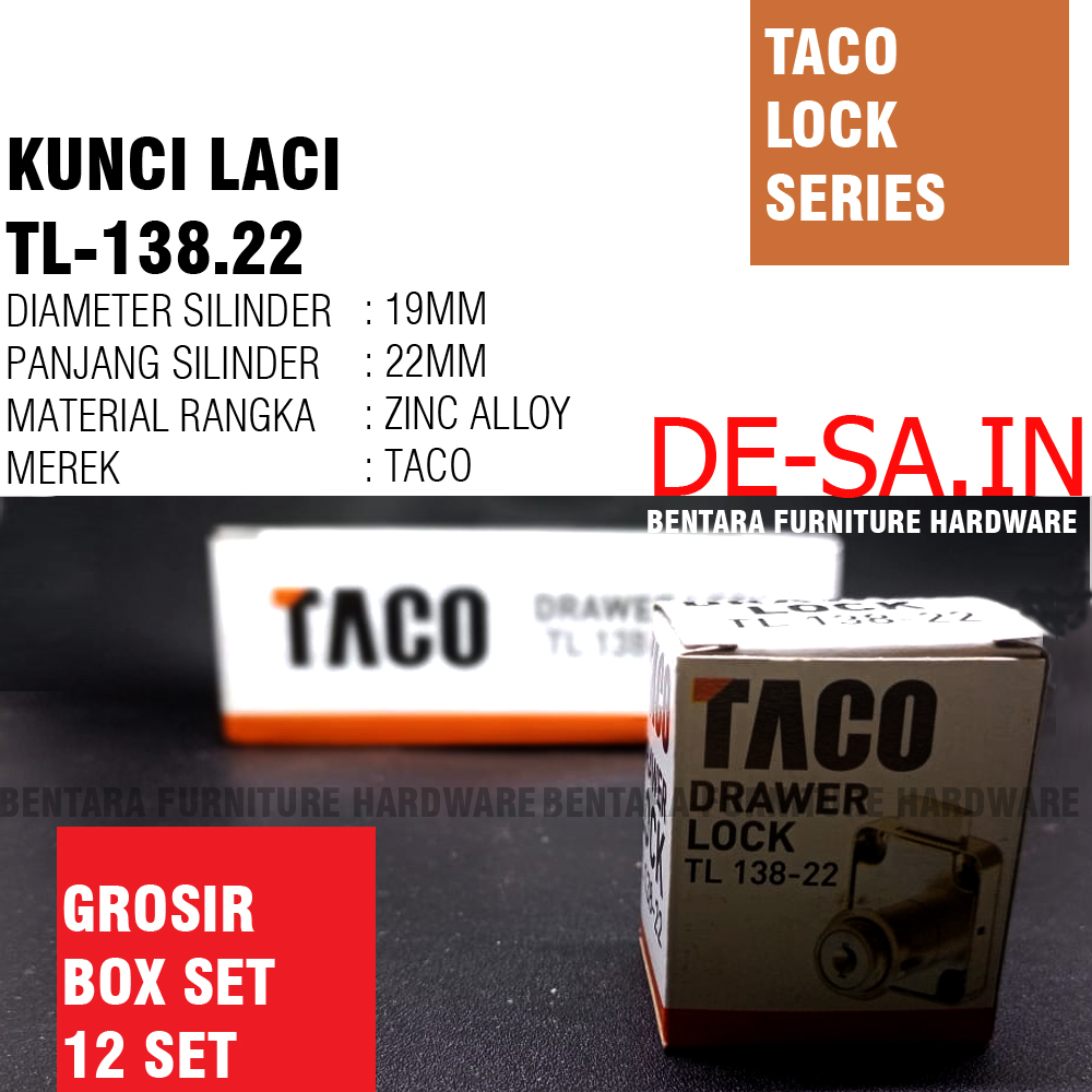 (GROSIR) TACO TL-138 / 22 MM Kunci Laci Padat Kunci Taco Lock TL-138.22 Drawer LocK (BOX SET = 12 PCS)