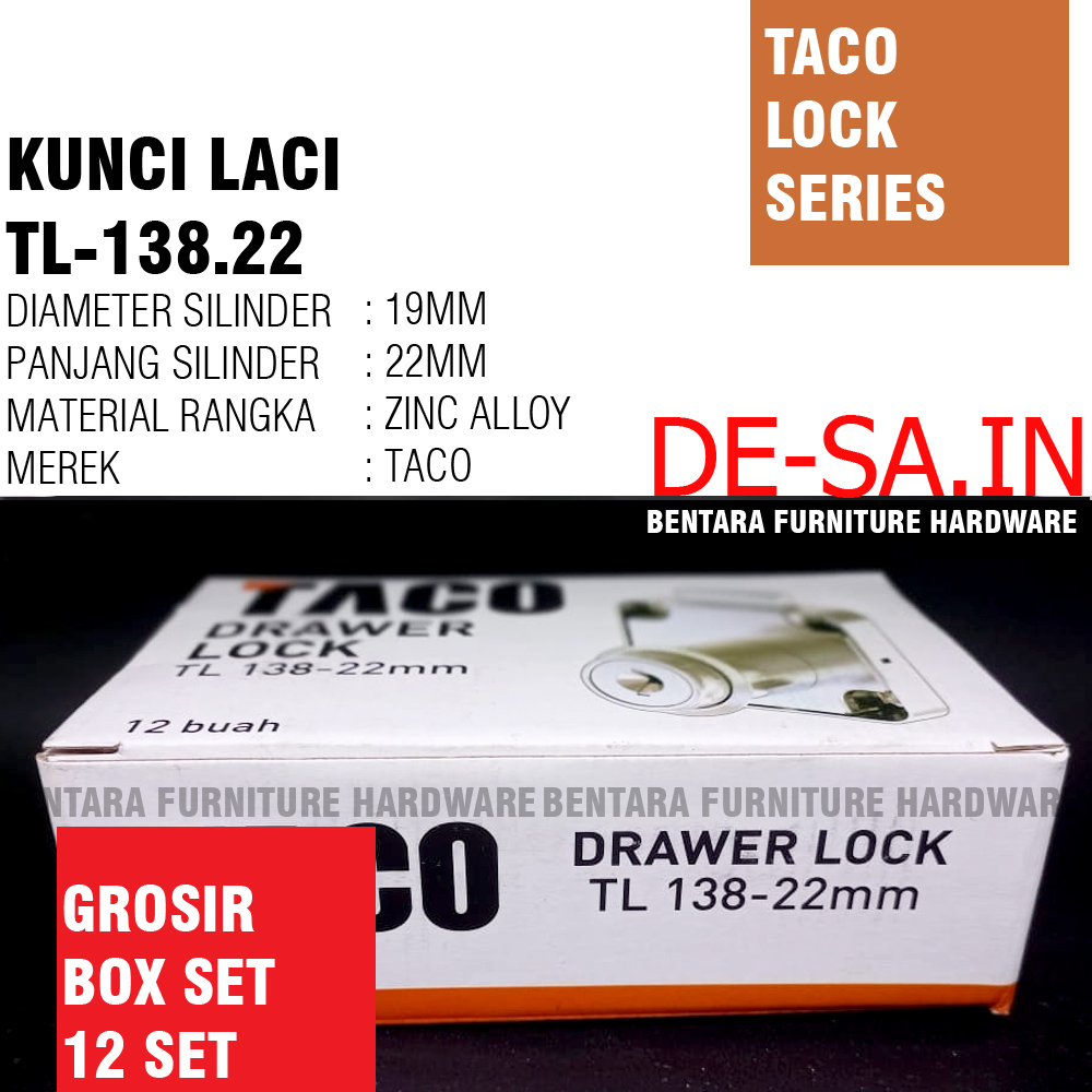 (GROSIR) TACO TL-138 / 22 MM Kunci Laci Padat Kunci Taco Lock TL-138.22 Drawer LocK (BOX SET = 12 PCS)