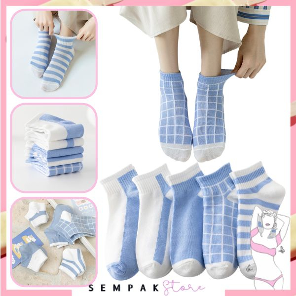 SS Kaos Kaki Pendek 6802 Kaoskaki Fashion Wanita Korea Style Motif Kotak Kaus Kaki Warna Biru Putih Kauskaki Motif Belang Bahan Katun Penyerap Keringat Angkle Socks Import Murah