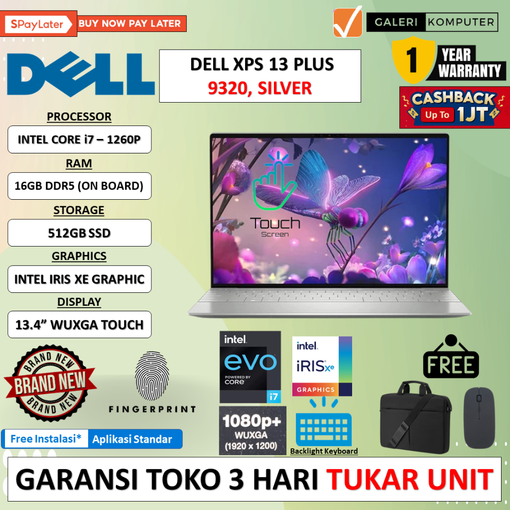LAPTOP DELL XPS 13 PLUS 9320 INTEL EVO I7 1260P 16GB DDR5 512GB IRIS XE 13.4 WUXGA TOUCH BL FP WIN11HOME