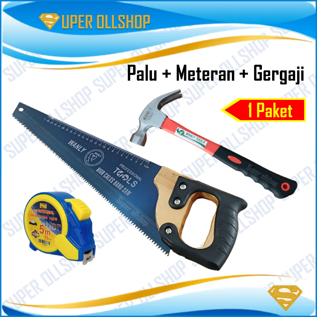 gergaji Paket Alat Tukang Palu Kambing Gerigi Magnet Fiber 12 Oz Gergaji Kayu Termurah Meteran Auto Stop 5 Meter