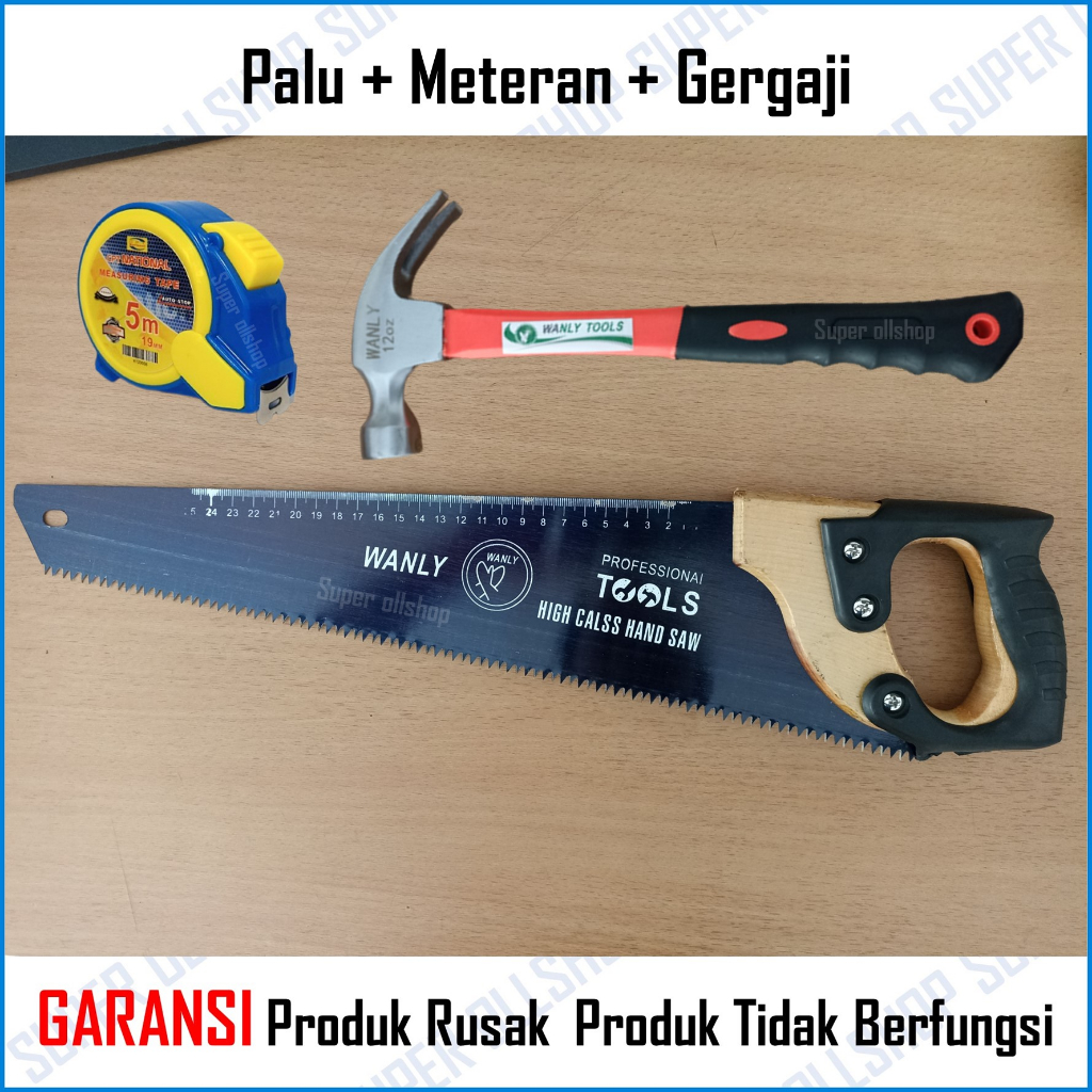 gergaji Paket Alat Tukang Palu Kambing Gerigi Magnet Fiber 12 Oz Gergaji Kayu Termurah Meteran Auto Stop 5 Meter