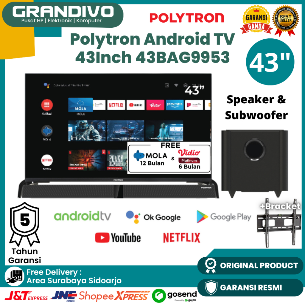 TV Android Polytron 43 inch PLD 43BAG9953 Cinemax Soundbar &amp; Subwoofer Garansi Resmi Polytron - Grandivo