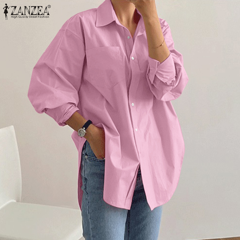 ZANZEA Women Fashion Elegant Solid Turn-down Collar Long Sleeve Button Up Loose Blouses