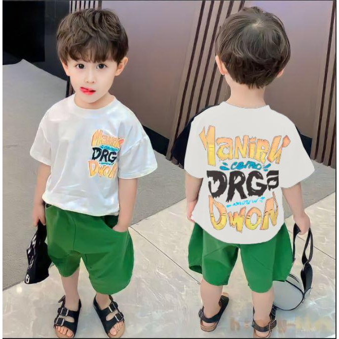 PROMO-SETELAN ANAK LAKI LAKI PEREMPUAN UMUR 1-5 TAHUN MOTIF DRAG DOWN BAJU KAOS CELANA PENDEK BAHAN TWILL SETELAN ANAK TERBARU