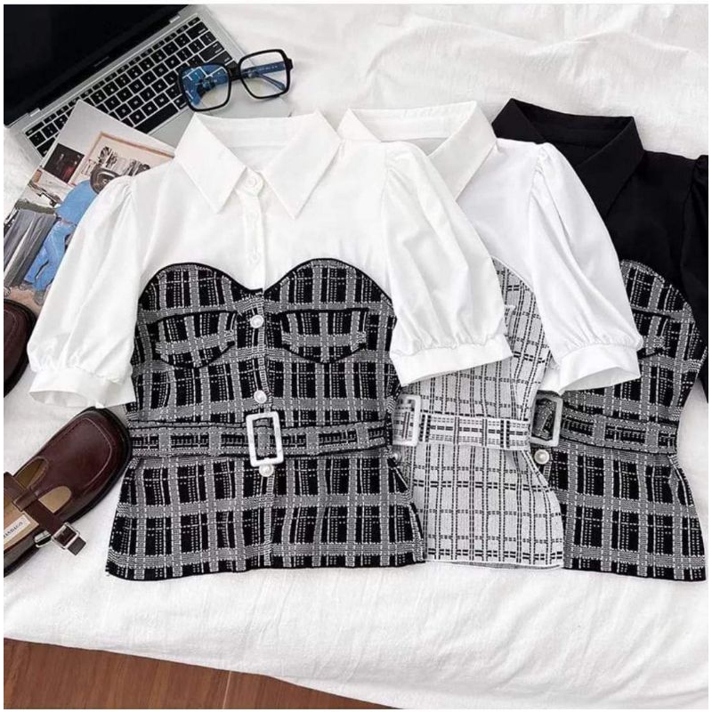 Kemeja blouse Lisa import wanita SUPER PREMIUM motif nyatu belt