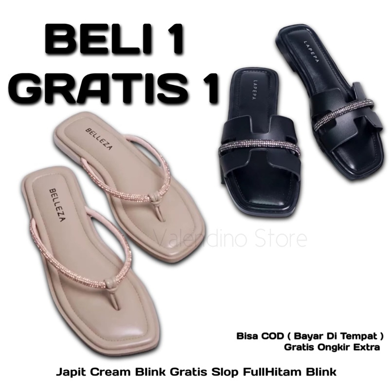 Sandal Wanita TIARA ANGEL Flat Teplek BELI 1 GRATIS 1 Bling Bling Cewek Casual Warna Hitam Mocca Putih Cream Size 37 38 39 40 Buy 1 Get 1