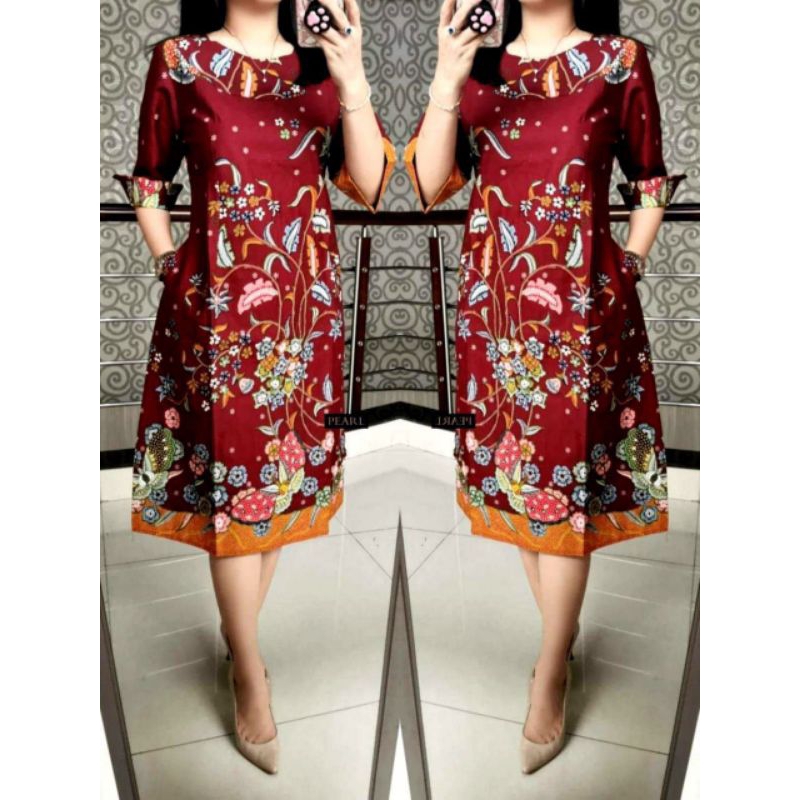 TUNIK BATIK MIDI DRESS BATIK FORMAL CASUAL PESTA KONDANGAN HAJATAN IMLEK NATAL WARNA MERAH HITAM KUN