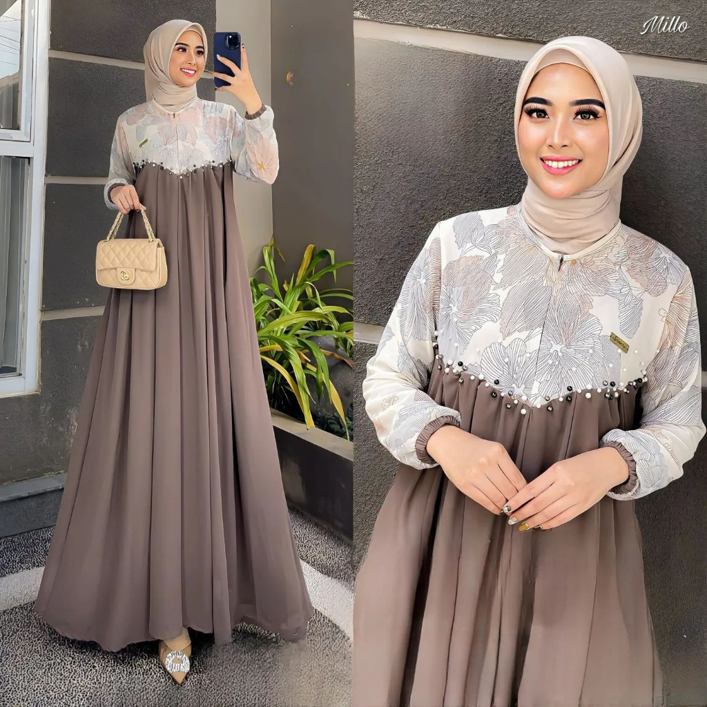 Ajeng Dress Gamis Kondangan Terbaru 2023 Fashion Muslim Wanita Lebaran OOTD Baju Kondangan Trend Spassy Dress Pesta Wanita Minimalis Model Ceruty Aksen Kintani Flouwer