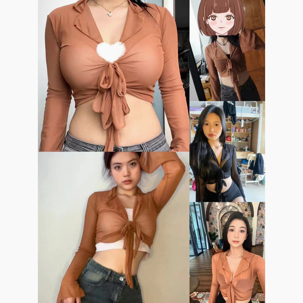 Red Warna Murni Mesh Lengan Panjang T-shirt Wanita Keinginan Murni Babes Seksi Perban Lengan Terompet Sedikit Transparan dan Tipis Pendek top In Pasang