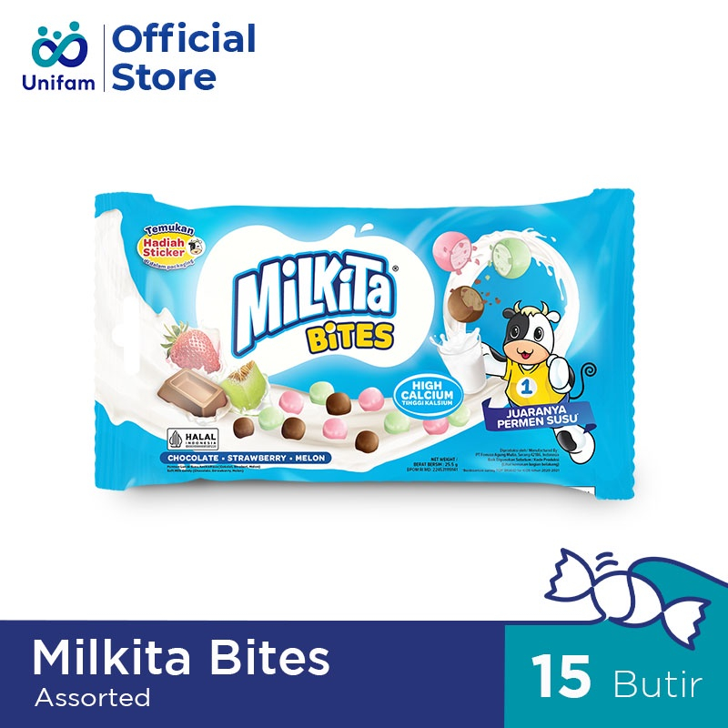 

Milkita Bites 25gr - Permen Susu Rasa Cokelat, Stroberi, & Melon