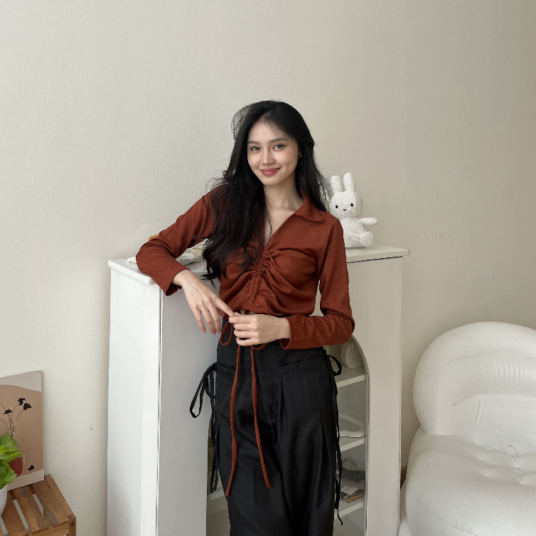 Nadine Long Sleeve Knit Top - Atasan Casual - Blouse Serut - Top Wanita - Korean Style