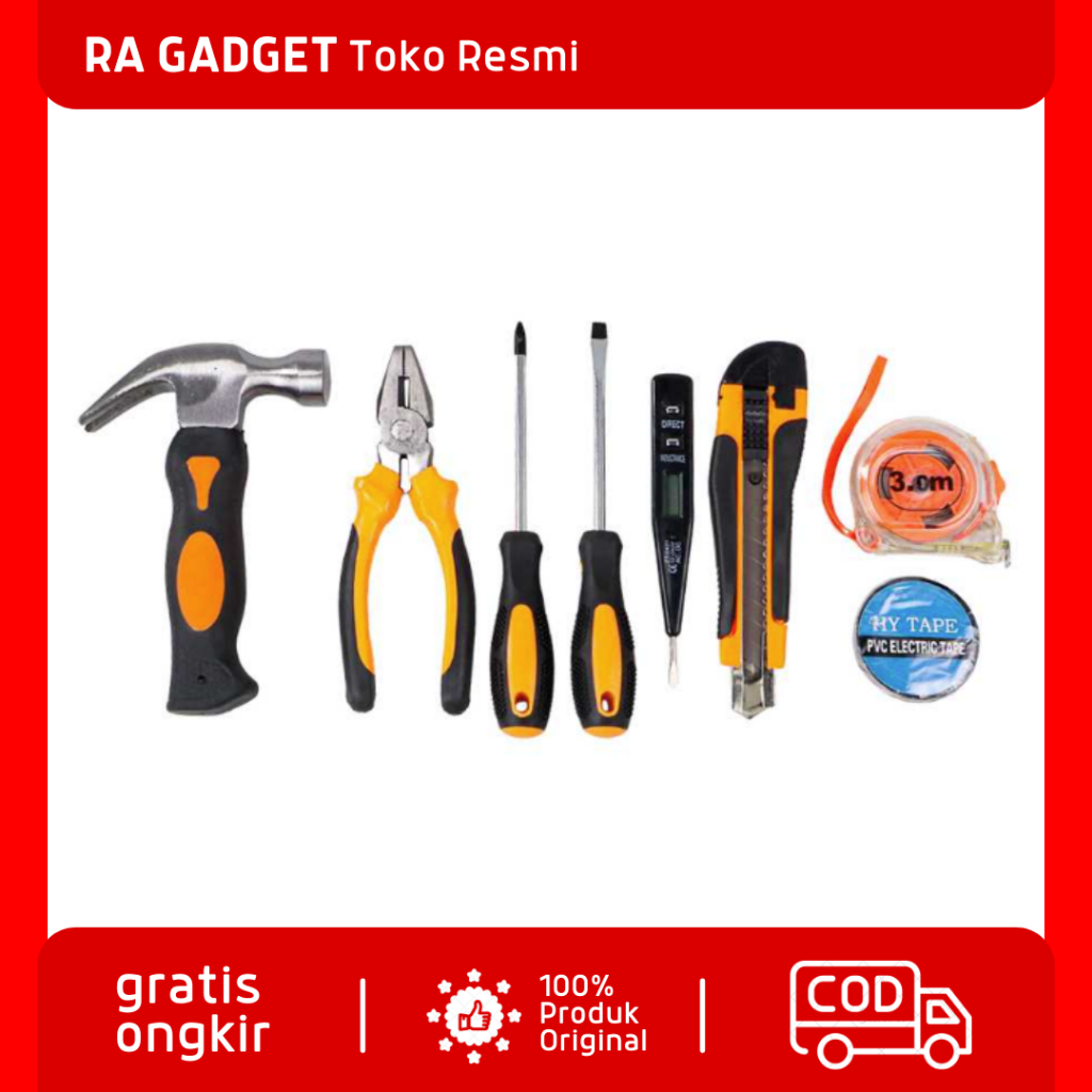Alat Perkakas Tukang Tang Palu Obeng Cutter Meteran 8 in 1 Set Tool Kit Lengkap / Set Perkakas Rumah