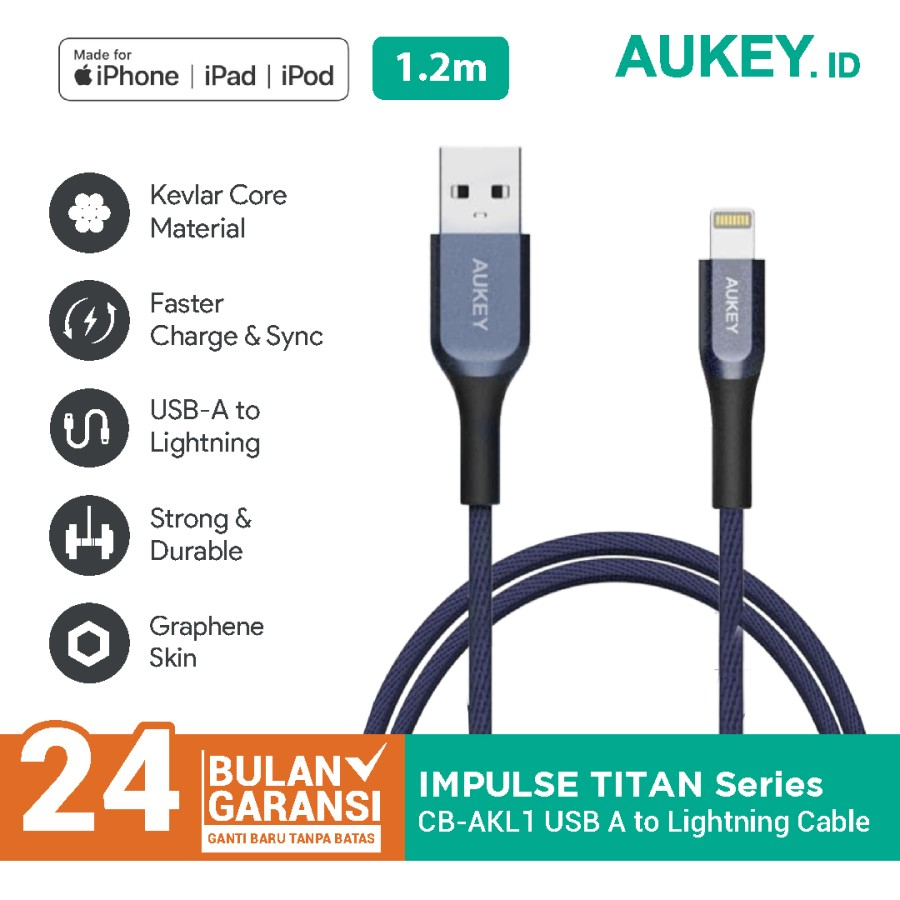 Cable Aukey CB-AKL1 MFI USB A To Lightning Kevlar 1.2 M