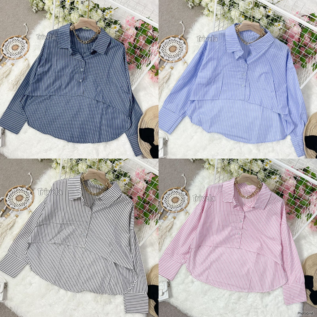 TRIVELA - Esther Top 2136 - Kemeja Crop Wanita - Kemeja Salur - Atasan Wanita - ZIGGY SJJ