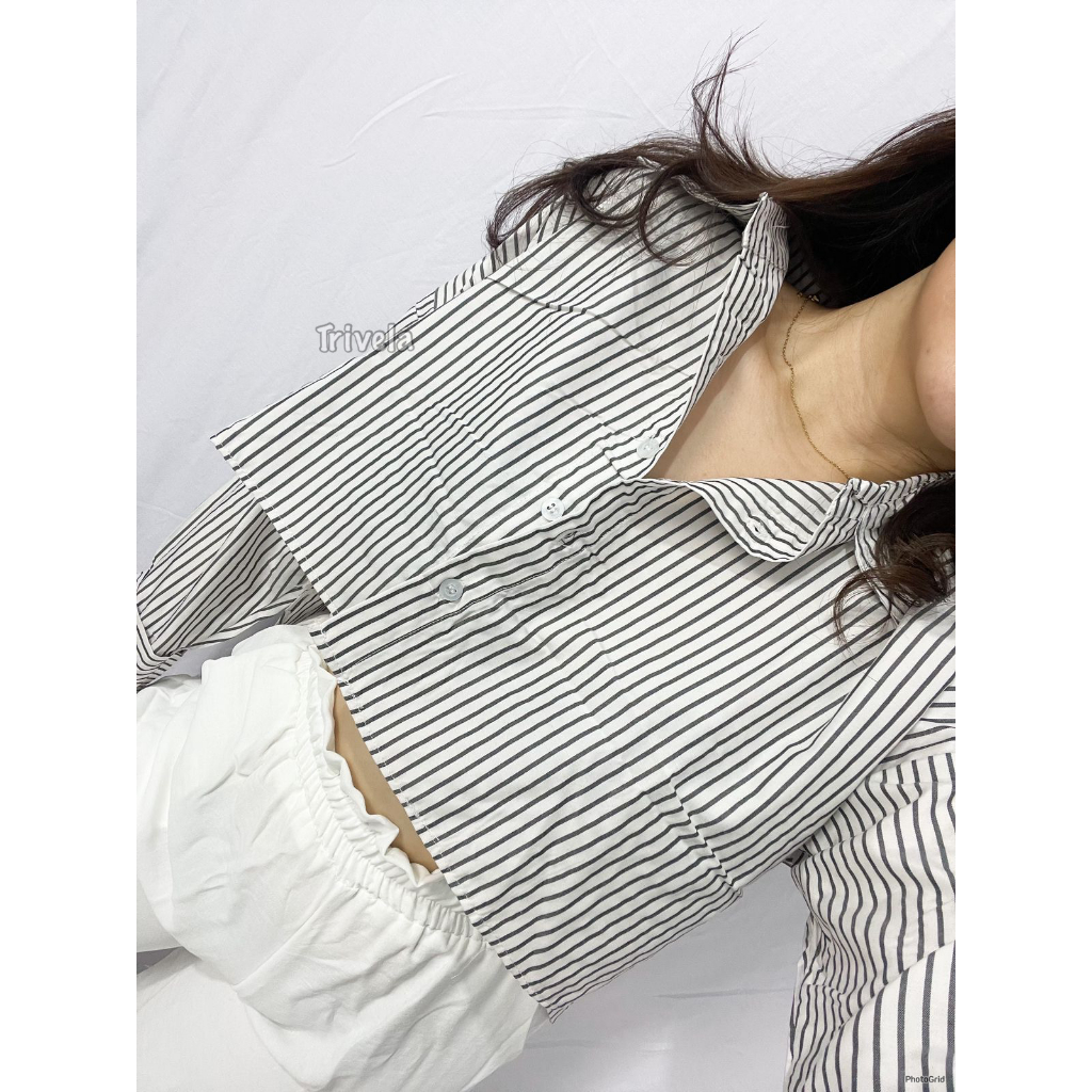 TRIVELA - Esther Top 2136 - Kemeja Crop Wanita - Kemeja Salur - Atasan Wanita - ZIGGY SJJ