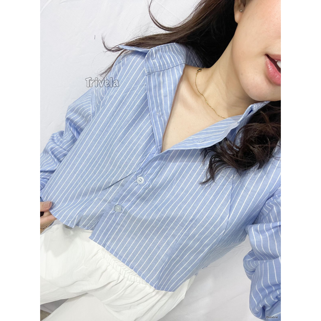 TRIVELA. Ziggy Top ll Stripe Shirt 4 Warna - Kemeja Salur Garis Oversized Crop Shirt Atasan Wanita Lengan Panjang - SJJ