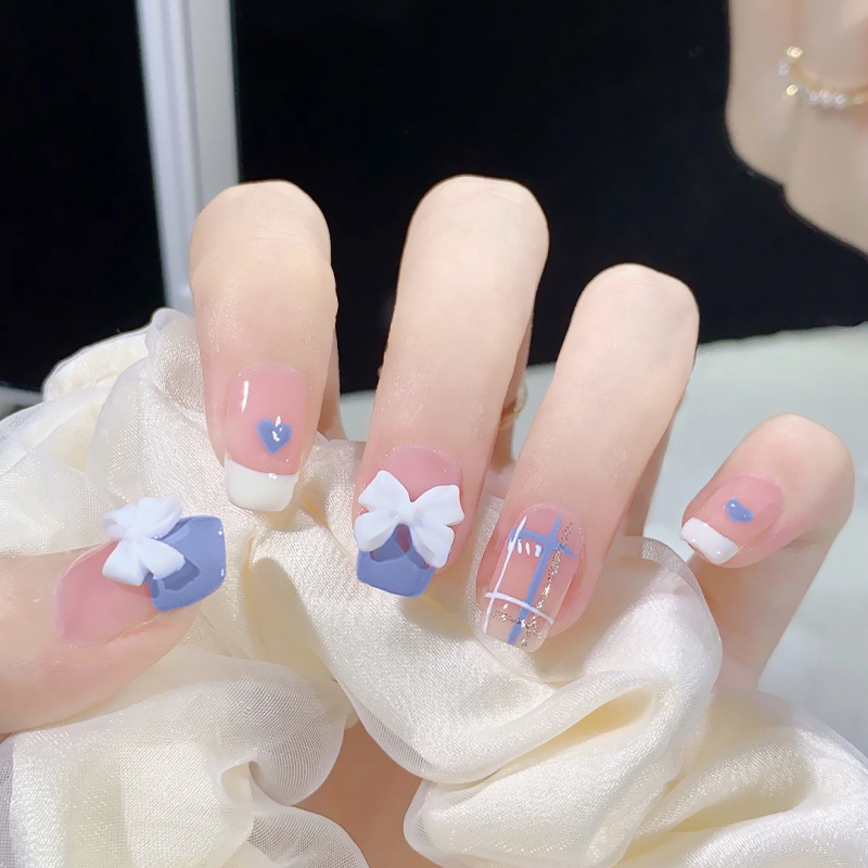 [ COD ] NAILART KUKU PALSU MOTIF MOTIF BIRU PINK KUKU PITA : 1 SET ( 24 PCS ) KUKU PALSU FAKE NAILRT