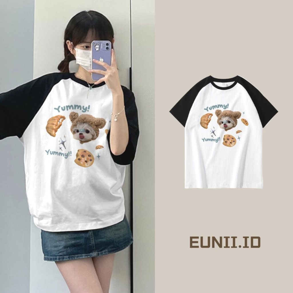 EUNII T-shirt Lengan Pendek Cute Yummy Dog Korean Style/Kaos Atasan Wanita/Baju Kaus Oversize Wanita/Kaos Wanita