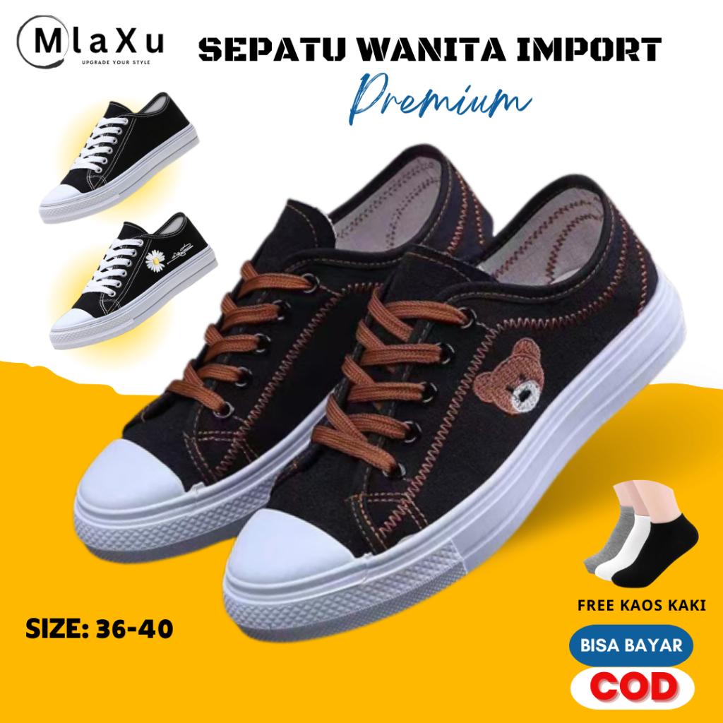 Sepatu Kets Sneakers Wanita Denim Hitam Putih Rumbay Sekolah Fashion Cewek Korea Tali Wanita Terbaru