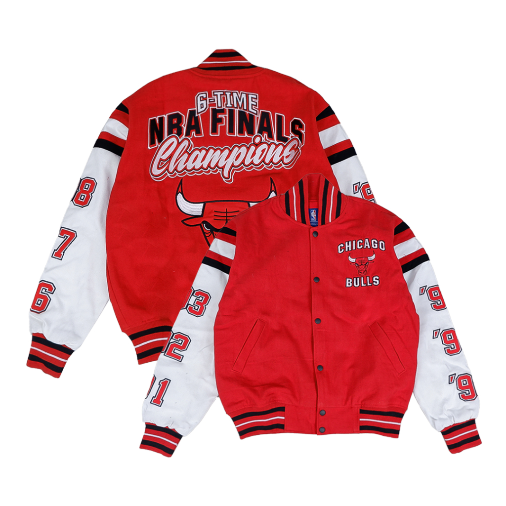 VARSITY JACKET CHICAGO BULLS RED WHITE BASKETBALL CHAMPIONS NBA VINTAGE FINALS CHAMPIONS