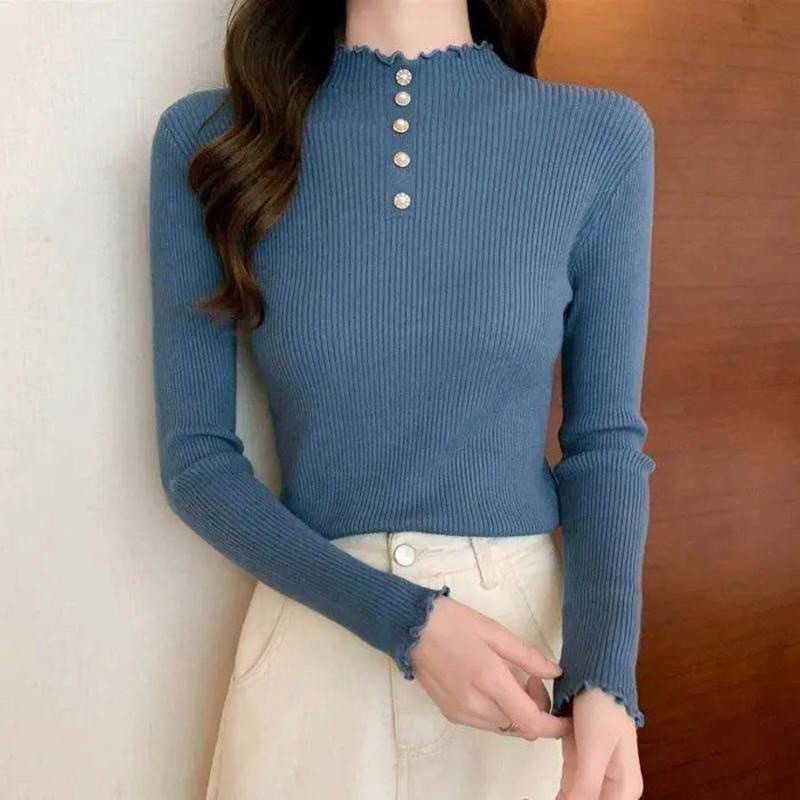 KANCING MUTIARA TURTLENECK CURLY RAJUT | BLOUSE INNER RAJUT KRIWIL LENGAN PANJANG