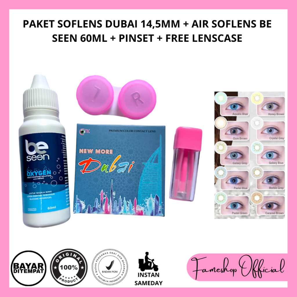 PAKET SOFTLENS DUBAI DIA 14,5MM + CAIRAN BE SEEN 60ML + PINSET + LENSCASE / COD INSTAN SAMEDAY / LENSA KONTAK / PAKET MURAH