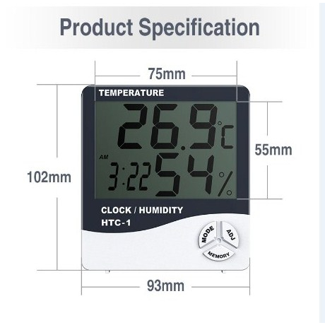 HTC-1 Thermometer Hygrometer &amp; Clock Termometer Temperature Humidity Meter