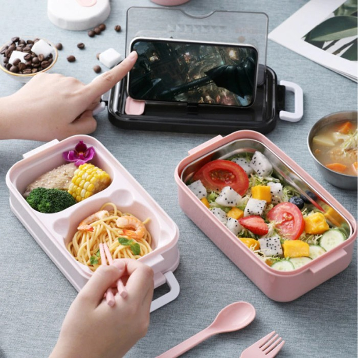 Triple W 3in1 Lunch Box Stainless Kotak Bekal Makan Sendok Garpu Set Kotak Makan Anak Tempat Makan Sarapan Sekolah