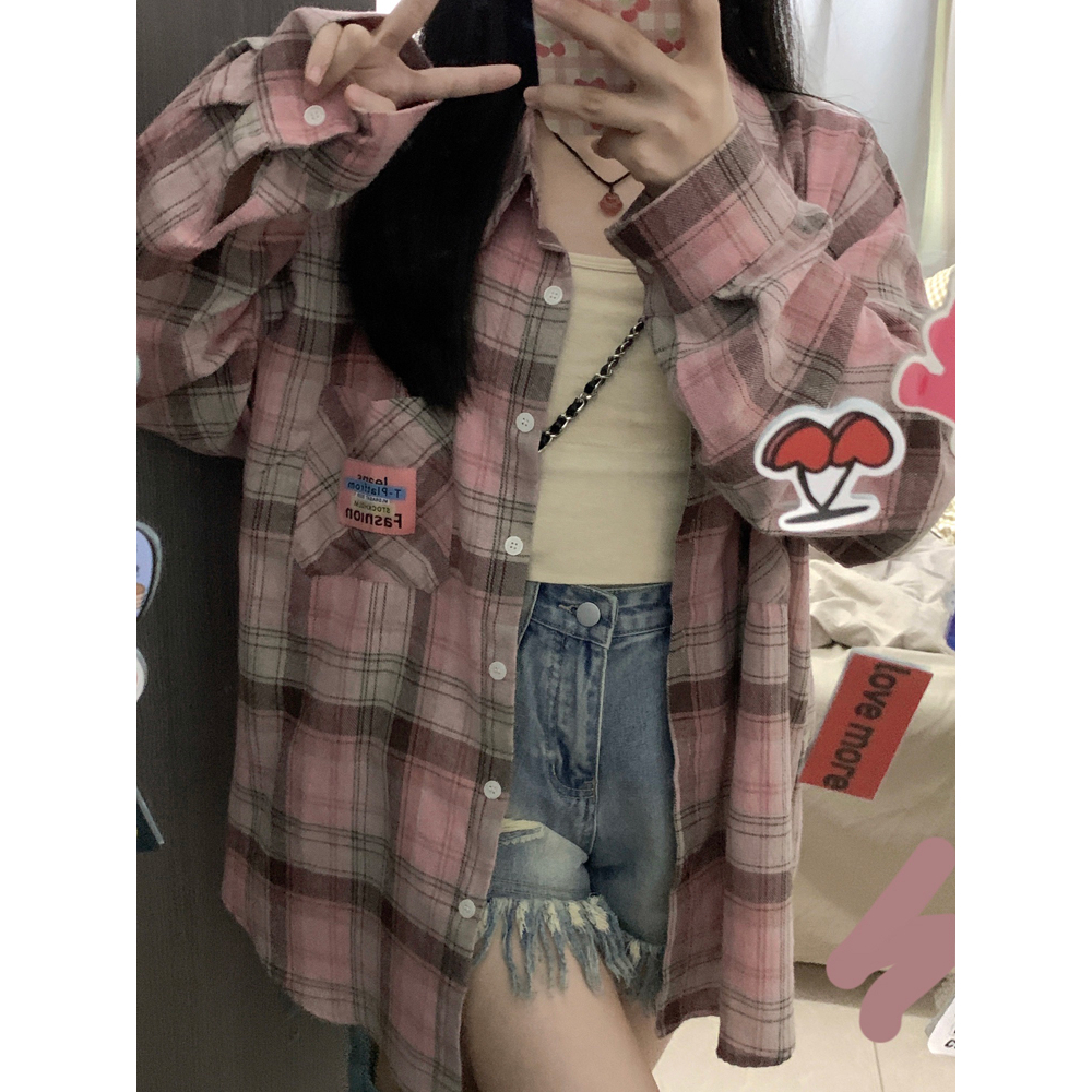 Korean Style Oversize Retro Panjang Lengan Semua Pertandingan Pink Korea Plaid Shirt