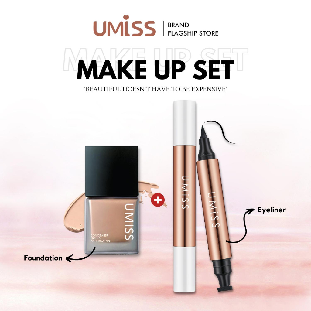 UMISS MAKE UP SET Liquid Foundation concealer+Eyeliner stamp DOUBEL HEAD waterproof bisa COD