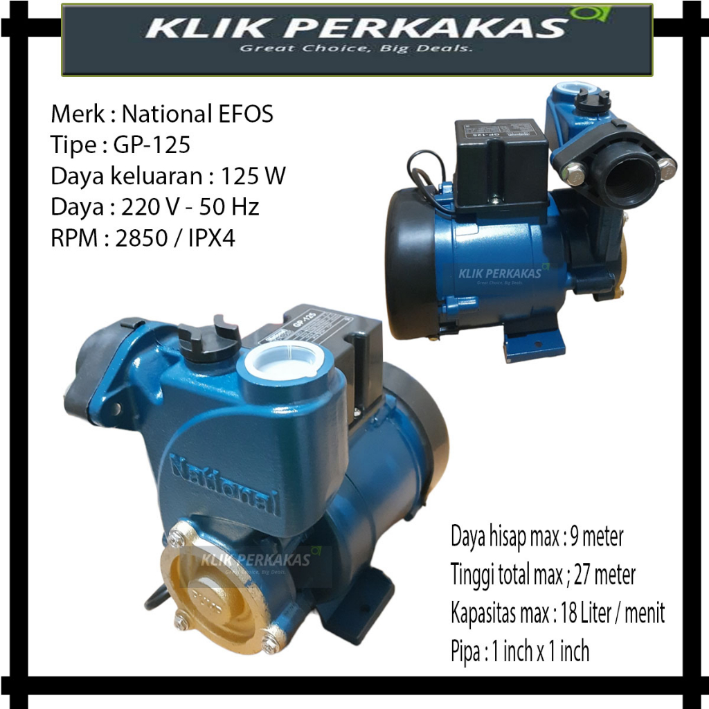 Efos National Pompa Air Listrik Sumur National GP-125 Bor Water Pump DB-125B Ukuran Pipa 1 Inch