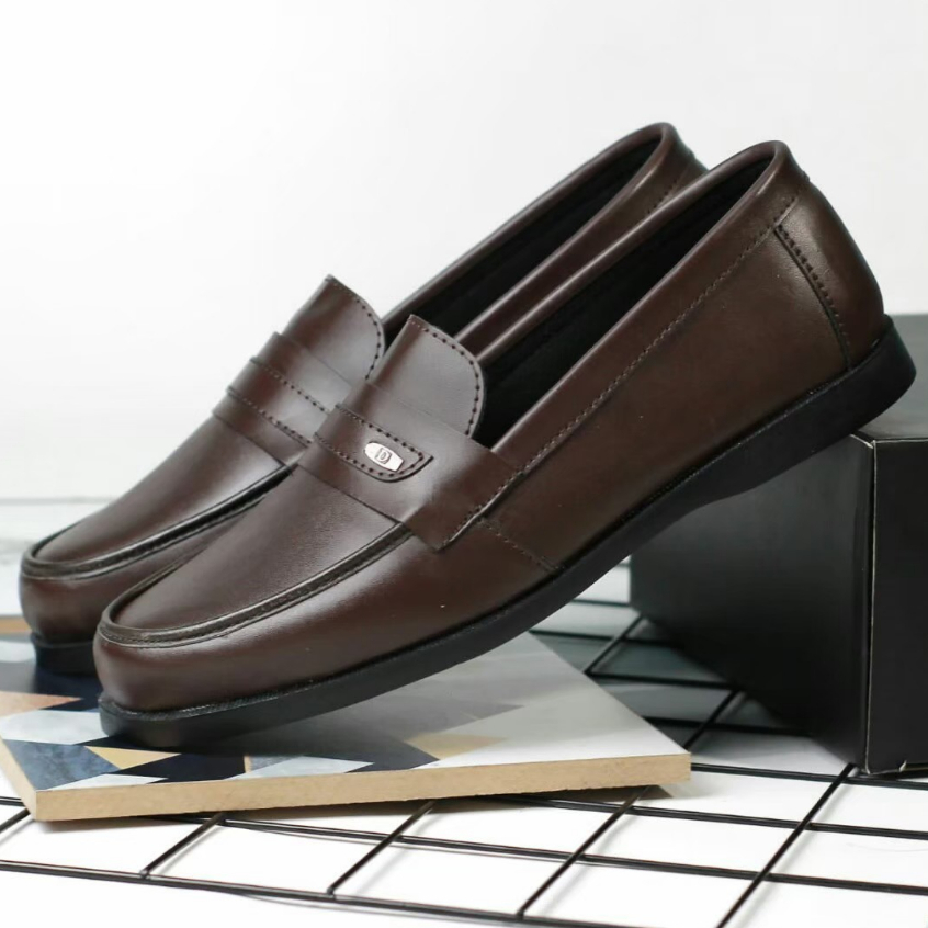 sepatu Kasual Slip On Pria Kulit Pu Sintetic Premium Ori Hitam Coklat Modis Modern Enoz Slim